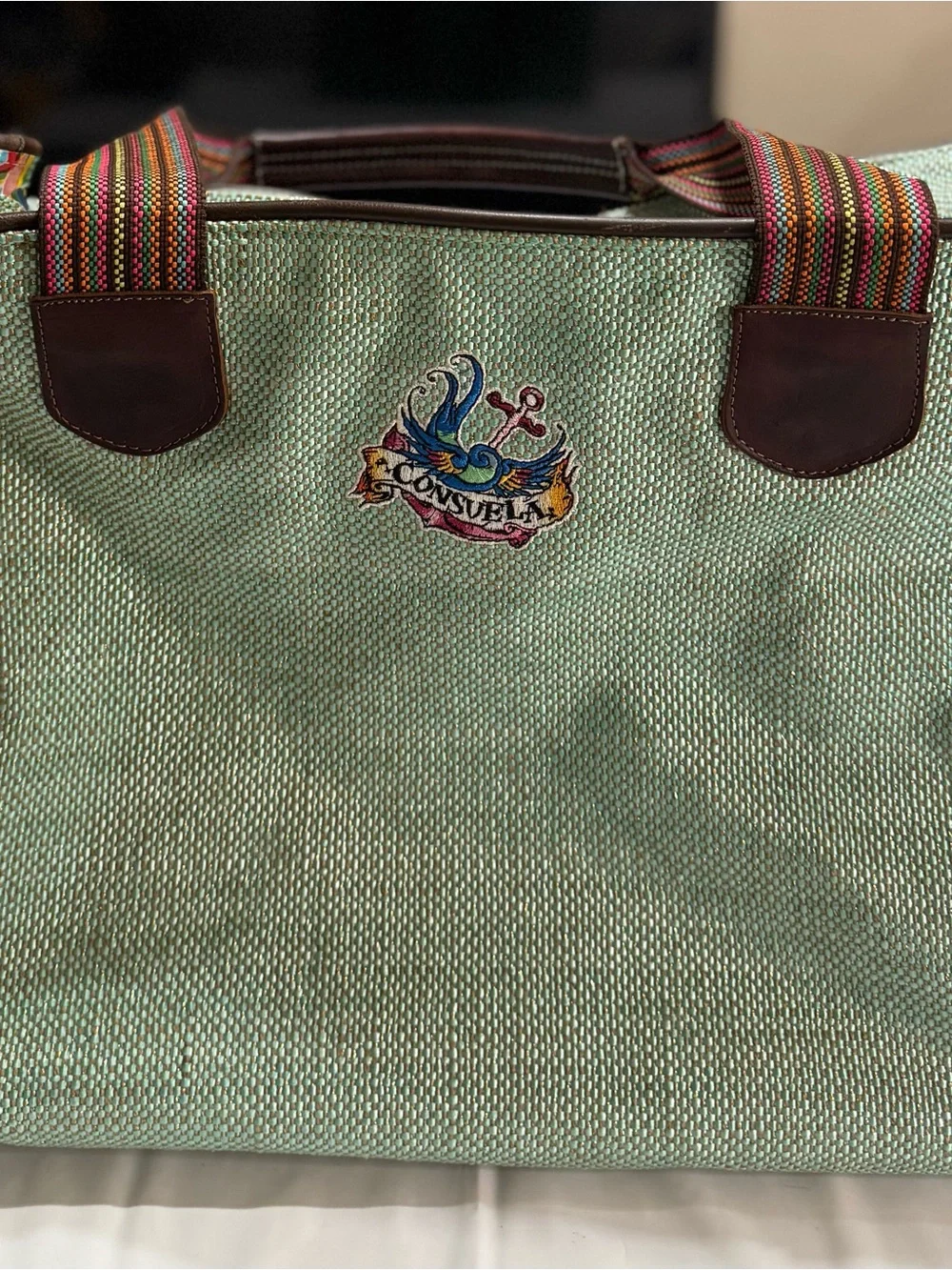 Consuela Mint Green Canvas X Large Tote with Patterned Yellow Sides